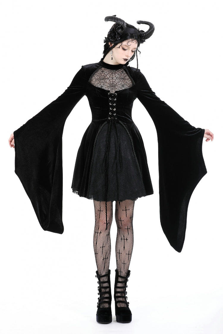 Black Long Trumpet Sleeves Spliced Lace-Up Spider Mesh Women's Gothic Velvet Wedding Dress - Black - 1