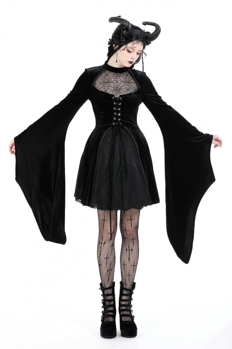 Black Long Trumpet Sleeves Spliced Lace-Up Spider Mesh Women's Gothic Velvet Wedding Dress - Black - 1