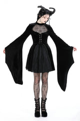 Black Long Trumpet Sleeves Spliced Lace-Up Spider Mesh Women's Gothic Velvet Wedding Dress - Black - 1