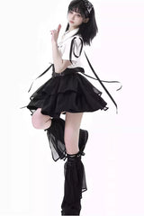 White/Black [Moonlight Flowing] Long/Short Sleeves Ruffled Asymmetric Gothic Jirai Kei Skirt Set - Product - 3