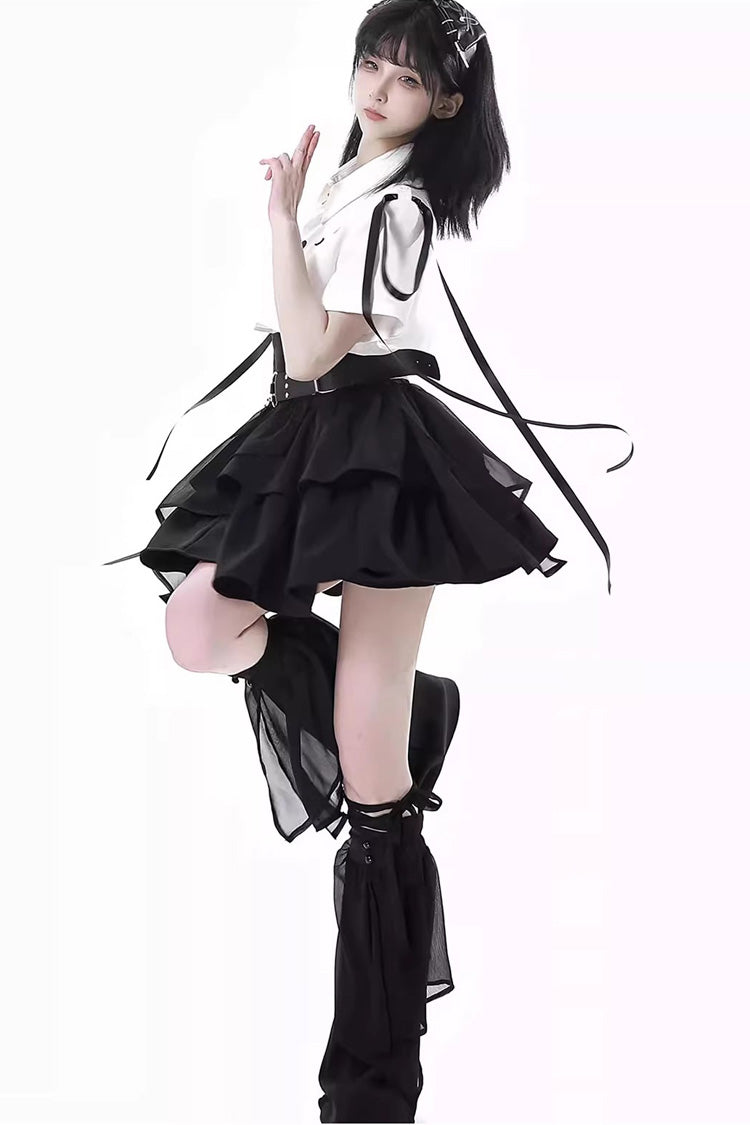 White/Black [Moonlight Flowing] Long/Short Sleeves Ruffled Asymmetric Gothic Jirai Kei Skirt Set - Product - 3