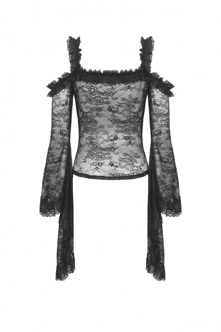 Black Off Shoulder Long Flare Sleeves Lace Women's Gothic Romantic Top - Product - 13