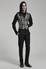 White/Black Contrast Sleeveless Skulls Print Jacquard Hollow Mens Gothic Vest - Product - 4