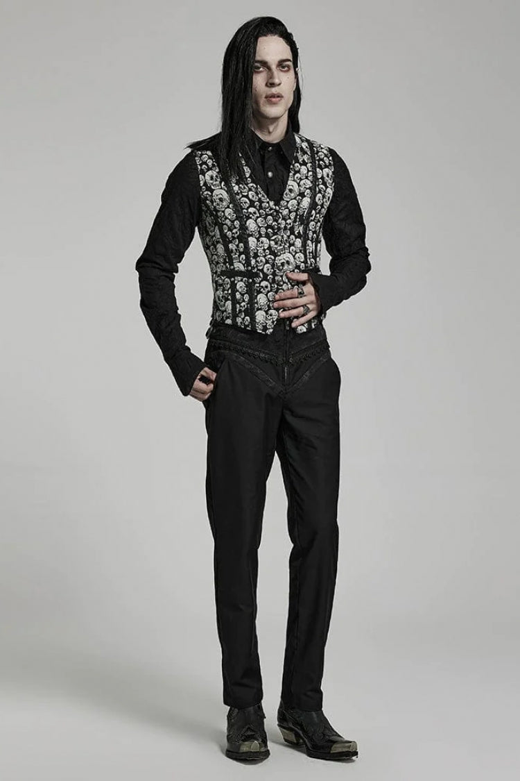 White/Black Contrast Sleeveless Skulls Print Jacquard Hollow Mens Gothic Vest - Product - 4