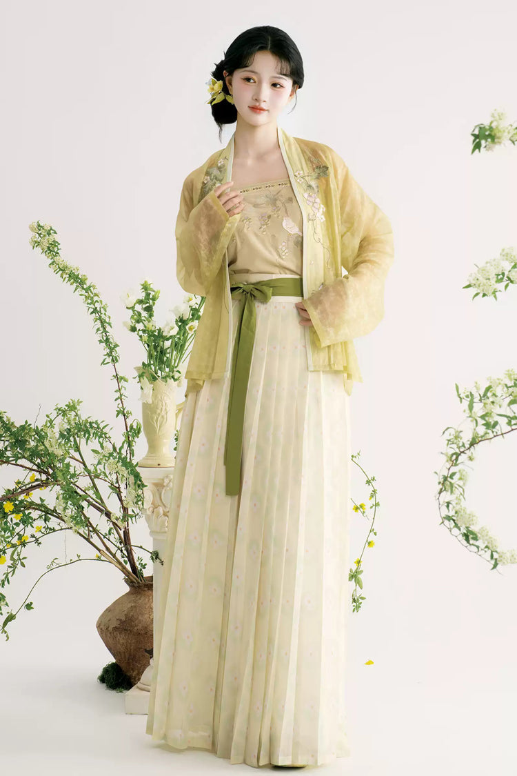 Light Green/Apricot [Grape Garden] Long Sleeves High Waisted Printed Embroidered Women's Sweet Hanfu Set - Product - 3