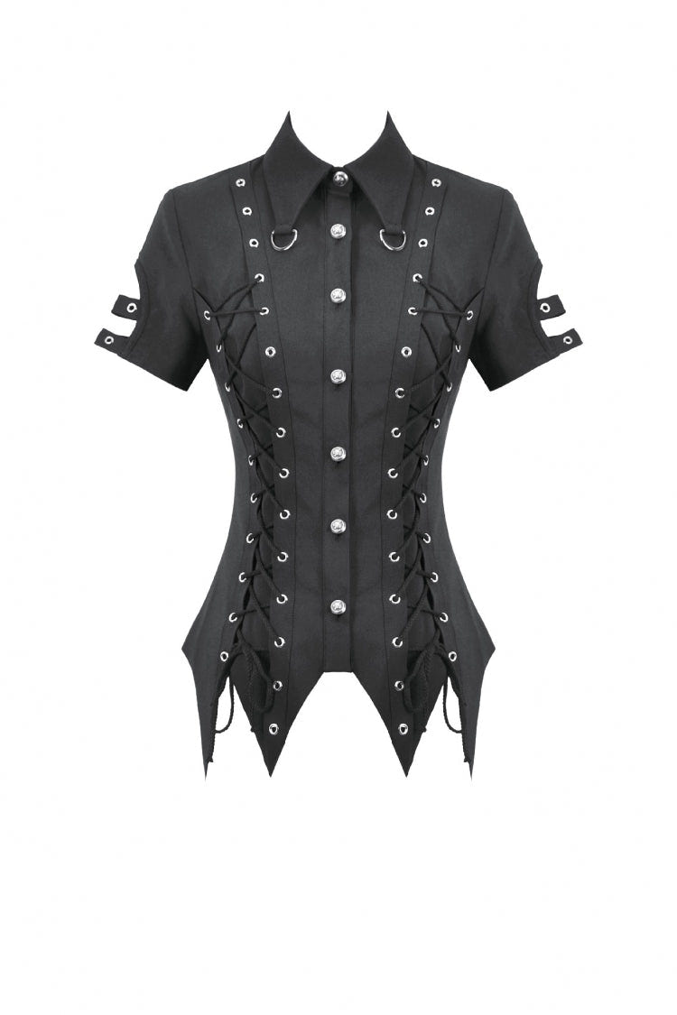 Black Turn-down Collar Short Sleeves Lace-Up Eyelets Women's Punk Blouse - Product - 3