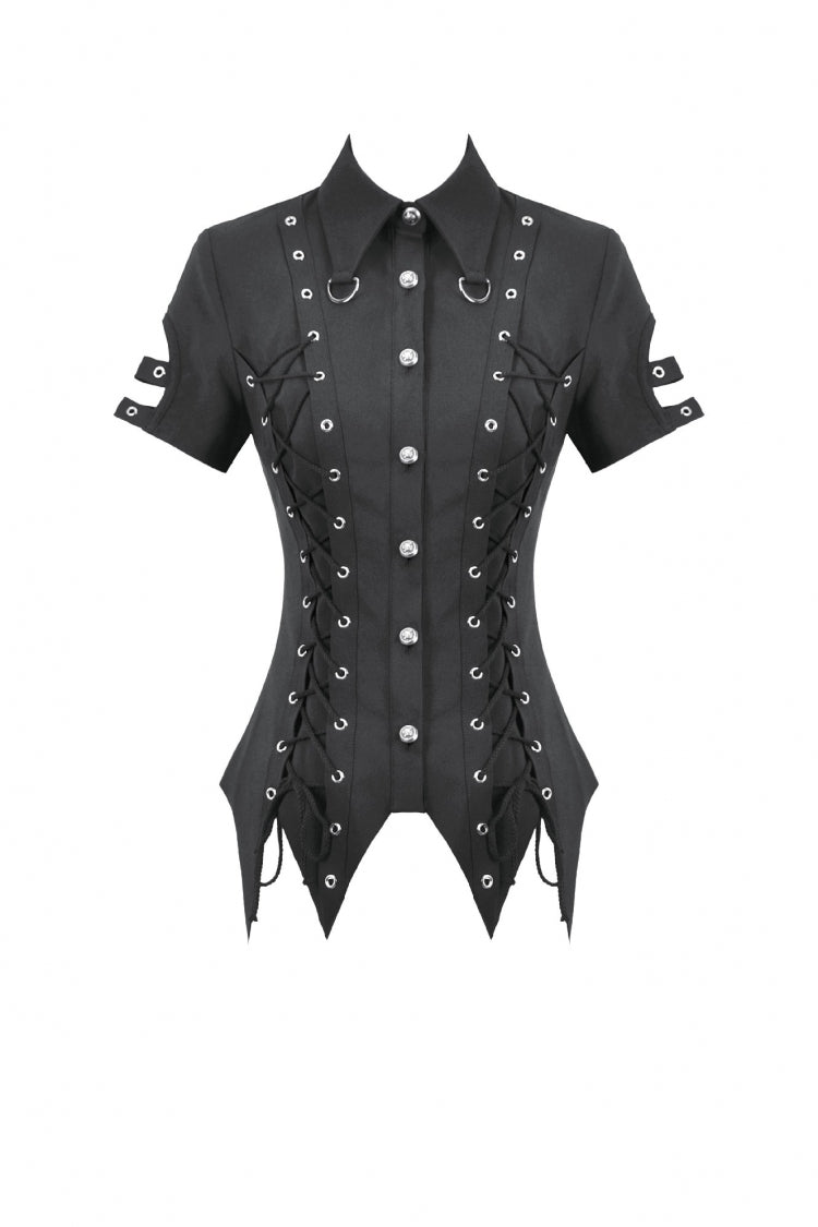 Black Turn-down Collar Short Sleeves Lace-Up Eyelets Women's Punk Blouse - Product - 3