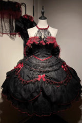 Black/Red [Layered Poem] Halterneck Sleeveless Multi-Layered Jacquard Hanayome Bow Lace Gothic Lolita Dress - Product - 3