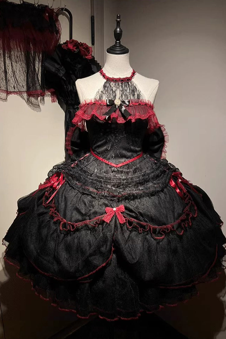 Black/Red [Layered Poem] Halterneck Sleeveless Multi-Layered Jacquard Hanayome Bow Lace Gothic Lolita Dress - Product - 3