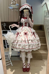 White/Red [Crimson Love Letter] Sleeveless Multi-Layered Printed Bow Lace-Up Gothic Lolita Jsk Dress Set - Product - 3