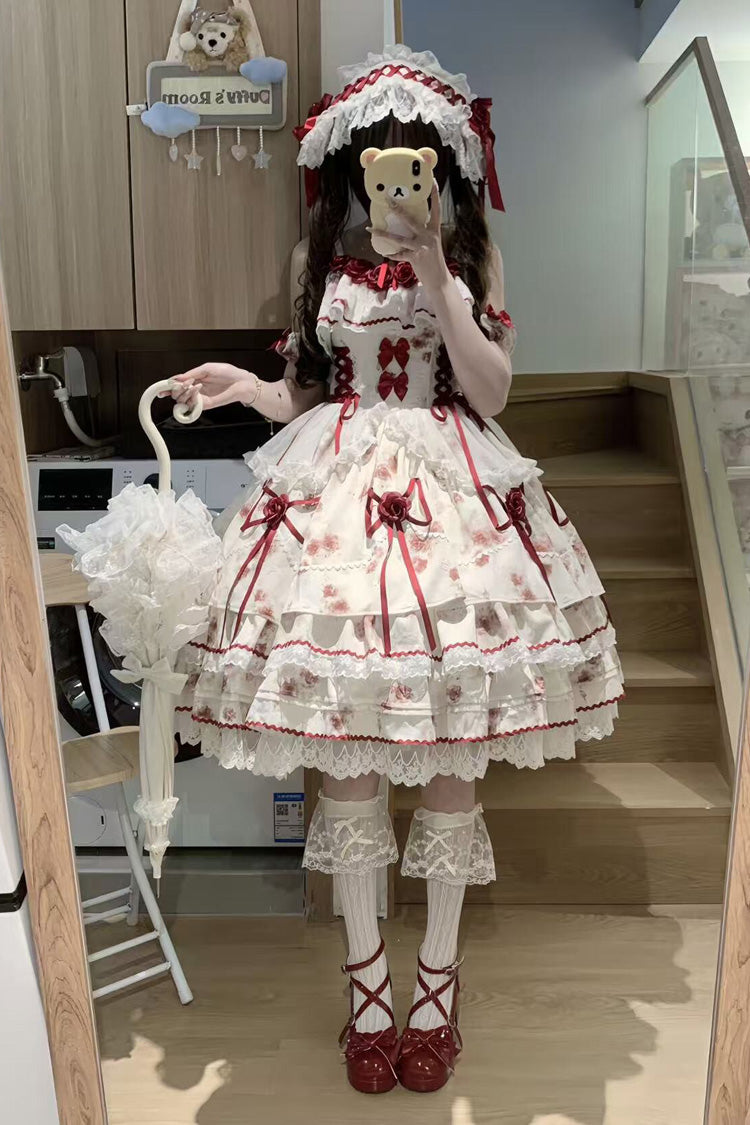 White/Red [Crimson Love Letter] Sleeveless Multi-Layered Printed Bow Lace-Up Gothic Lolita Jsk Dress Set - Product - 3