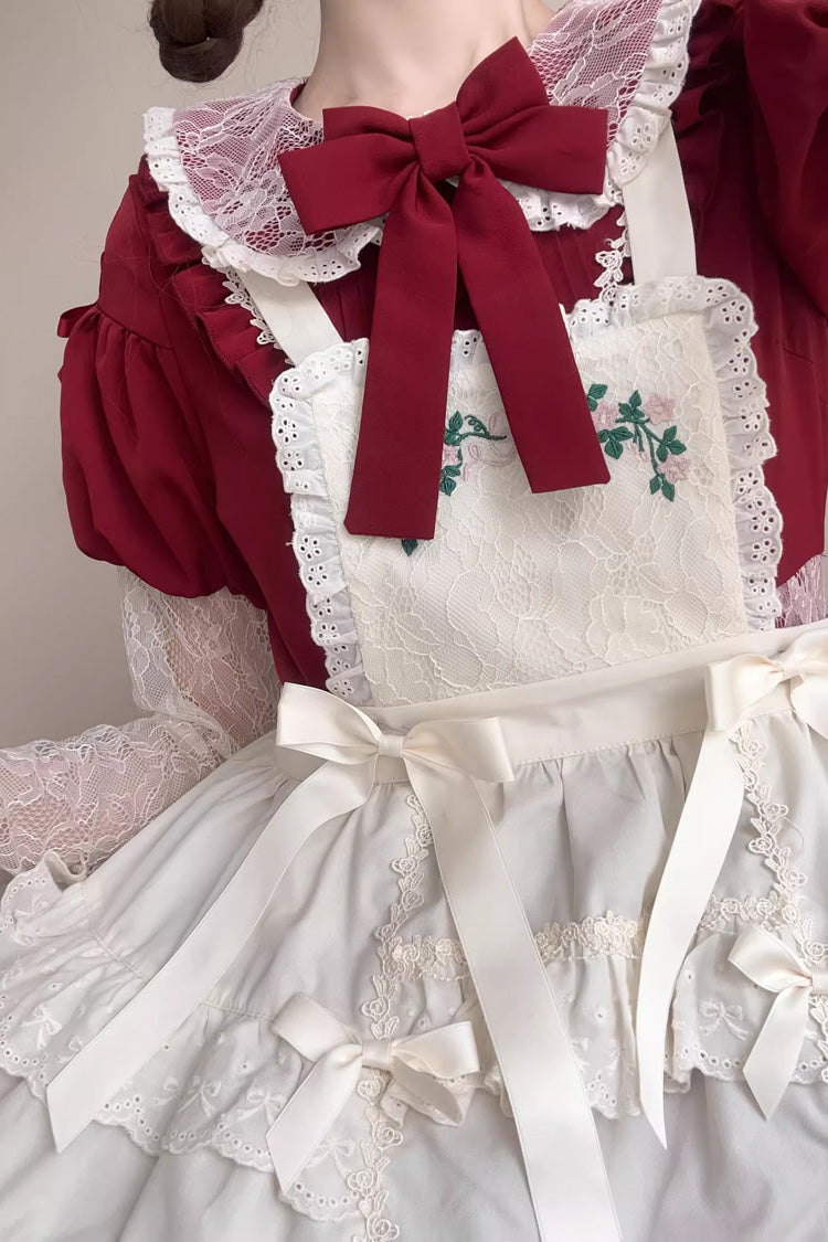 Red [Mist over Flowers Along the Path] Lapel Collar Long Sleeves Embroidery Bowknot Lace Sweet Lolita Dress - Product - 6
