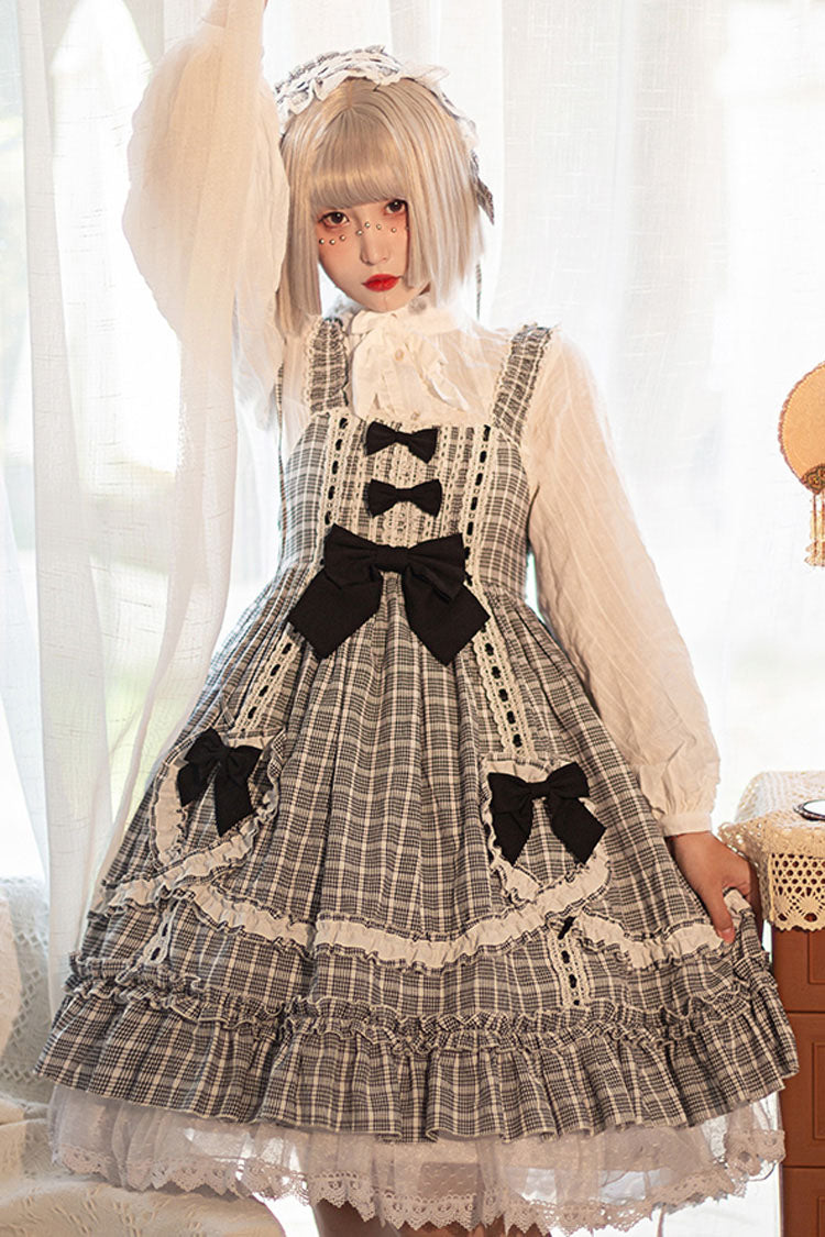 Black/White High Waist Bowknot Ruffled Plaid Sweet Lolita JSK Dress - Product - 5