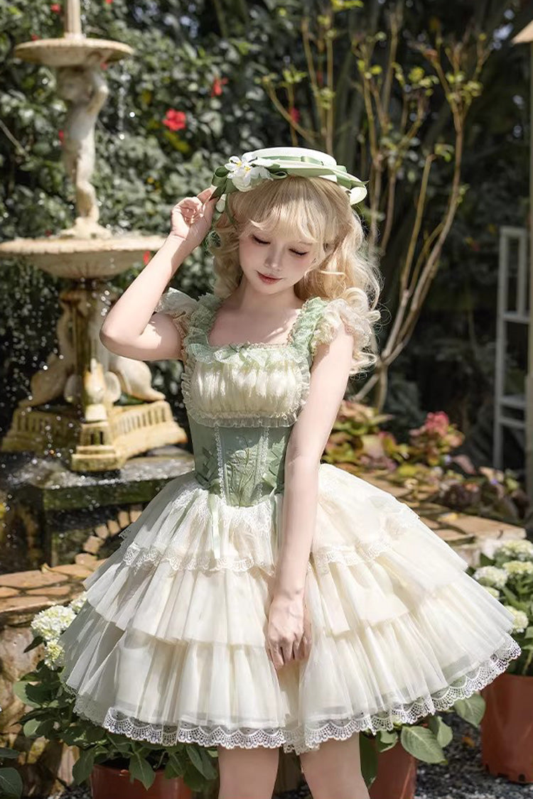 Green [Letters & Poems · Whisper of Lily of the Valley] Square Collar Multi-Layered Ruffled Embroidered Fishbone Sweet Lolita Jsk Dress 2 Versions - Product - 4