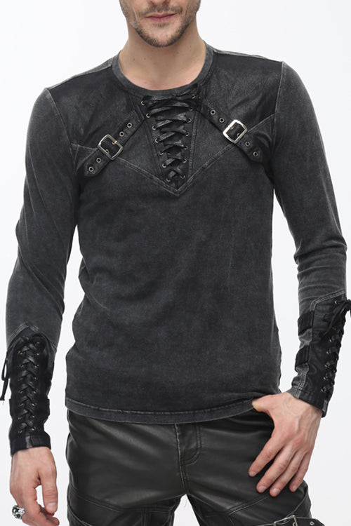 Black Faded Long Sleeves Lace Up Mens Punk T-Shirt - Black - 1