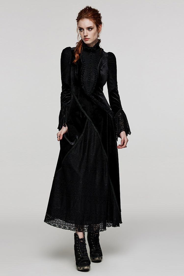 Black Stand Collar Long Trumpet Sleeves Stitching Lace Women's Gothic Dress - Product - 4