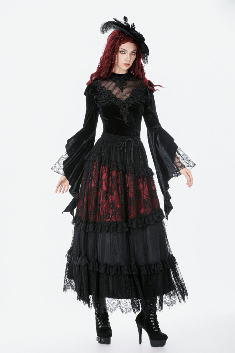 Black Multi-Layered Long Flare Sleeves Embroidered Sheer Mesh Splice Velvet Women's Gothic Top - Product - 8