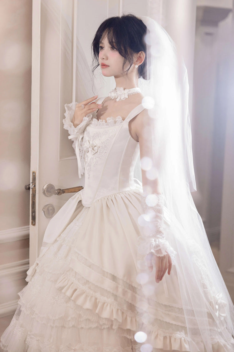White [Promise of the Rose] Multi-Layered Ruffled Hanayome Open-Front Bow Sweet Gorgeous Lolita Jsk Dress Set - Product - 4