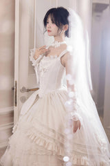 White [Promise of the Rose] Multi-Layered Ruffled Hanayome Open-Front Bow Sweet Gorgeous Lolita Jsk Dress Set - Product - 4