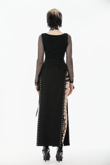 Black Mesh Spliced Long Sleeves Buckled Strap Eyelet Women's Punk Top - Product - 4