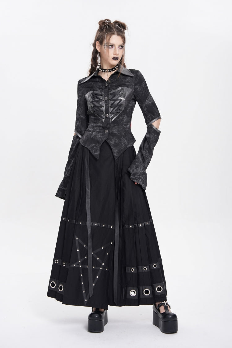 Black Lapel Collar Long Sleeves Print Lace-Up Cutout Women's Punk Blouse - Product - 12