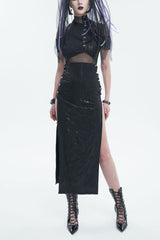 Black Off The Shoulder Irregular Knit Paneled Mesh Side Slit Women's Punk Dress - Black - 1