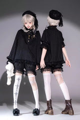 Black Stand Collar Long Short Sleeves Printed Ruffled Lace Gothic Ouji Lolita Set 2 Versions - Product - 3