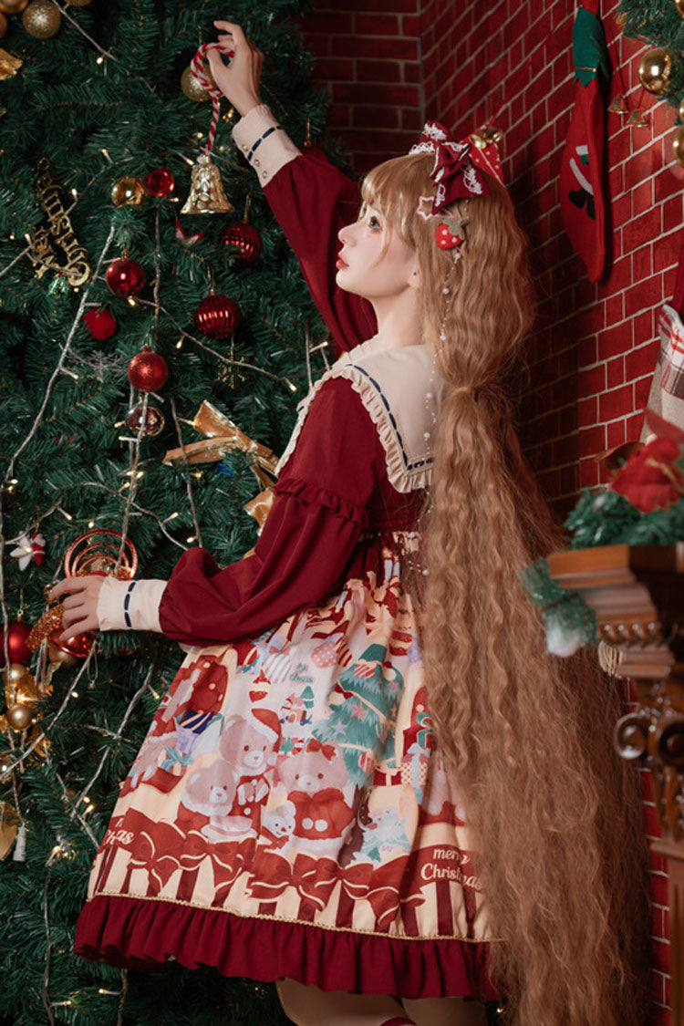 Wine Christmas Bear Print Long Sleeves High Waisted Bowknot Ruffled Sweet Lolita Op Dress - Product - 4