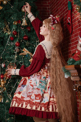 Wine Christmas Bear Print Long Sleeves High Waisted Bowknot Ruffled Sweet Lolita Op Dress - Product - 4