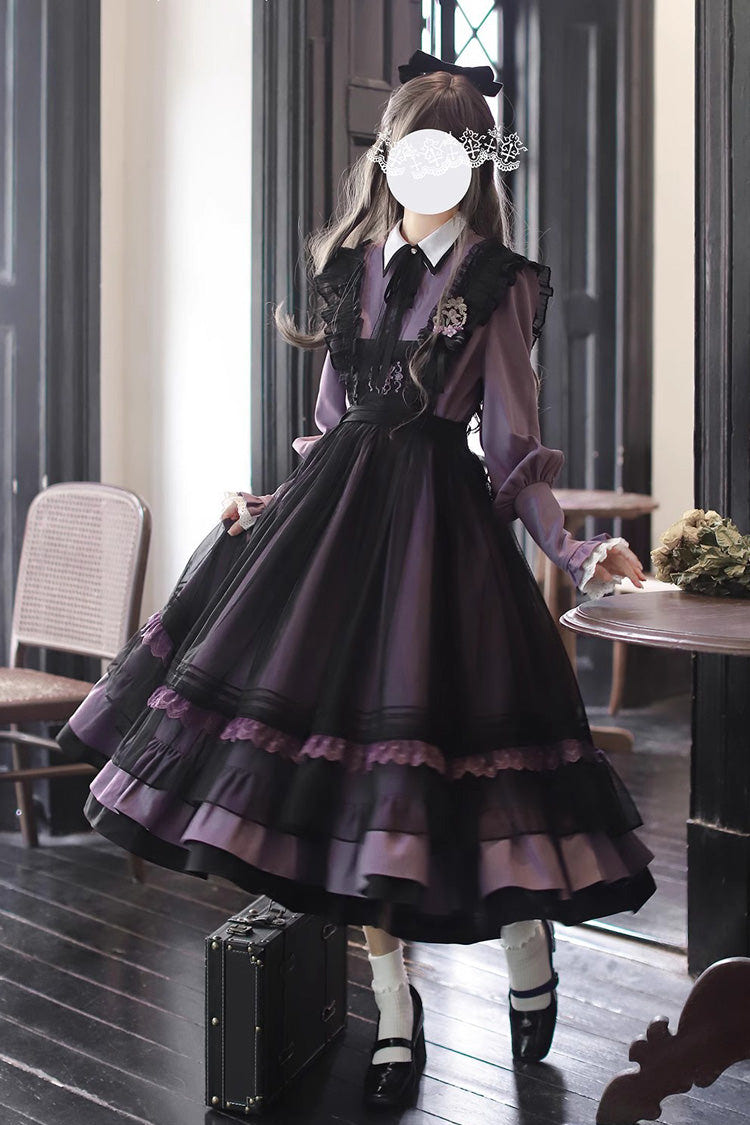 Black [Witch Academy] Double-Layered Ruffle Embroidery Bowknot Mesh Sweet Elegant Lolita Jumper Dress - Black - 1