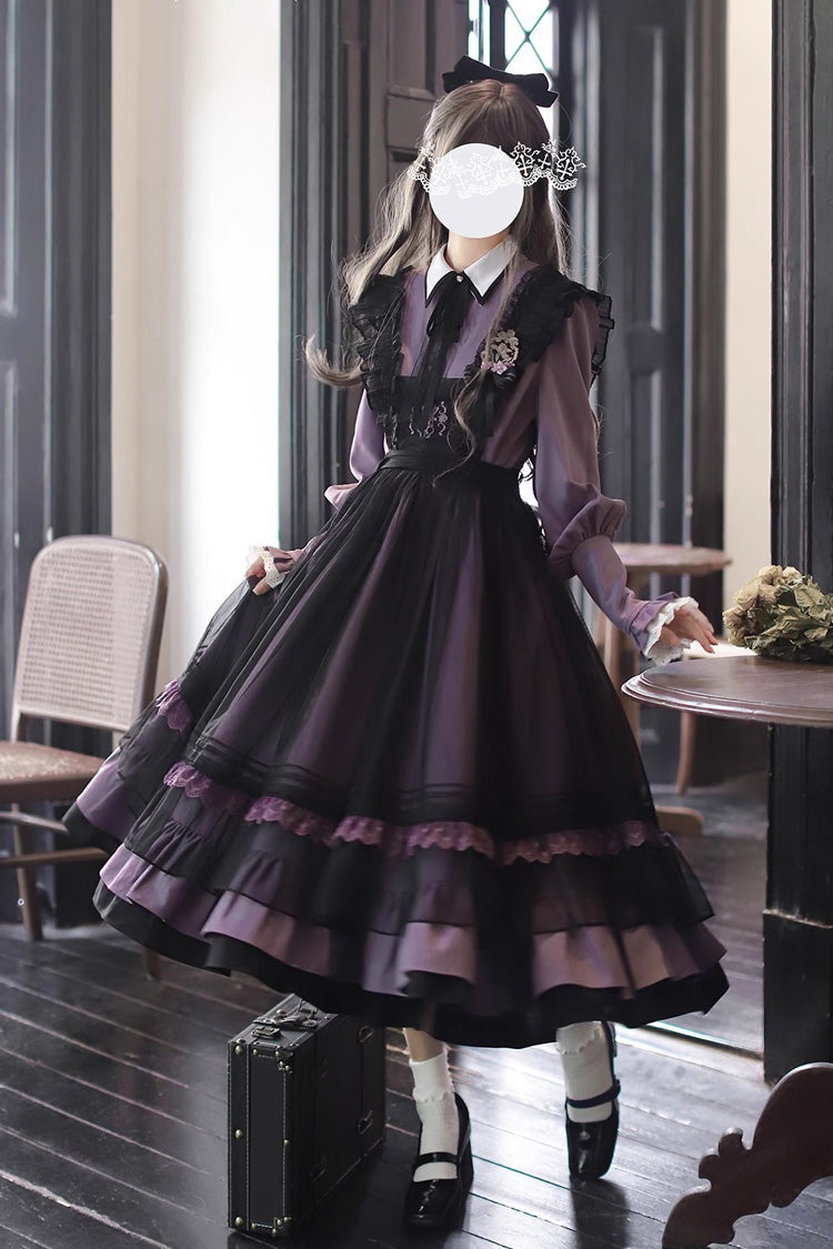 Black [Witch Academy] Double-Layered Ruffle Embroidery Bowknot Mesh Sweet Elegant Lolita Jumper Dress - Black - 1