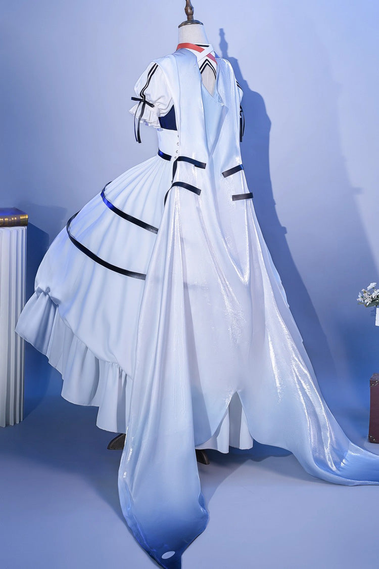 Blue/White [Arknights] Short Puff Sleeves Ruffle Cardigan Asymmetric Classic Anime Cosplay Lolita Dress Set - Product - 4