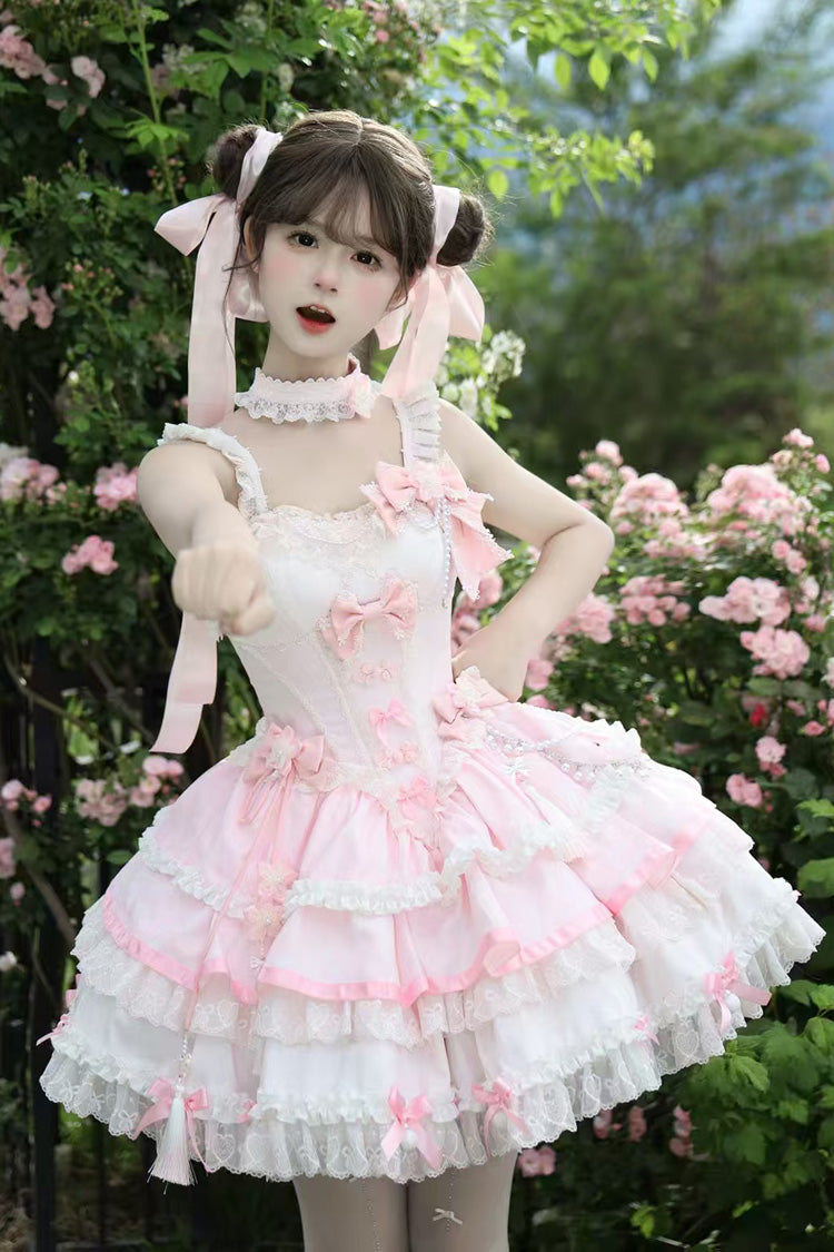 Pink [Prelude of Spring Cherry] Square Collar Sleeveless Multi-Layered Jacquard Ruffled Bow Lace Pearl-Decorated Sweet Lolita Jsk Dress - Pink - 1