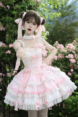 Pink [Prelude of Spring Cherry] Square Collar Sleeveless Multi-Layered Jacquard Ruffled Bow Lace Pearl-Decorated Sweet Lolita Jsk Dress - Pink - 1