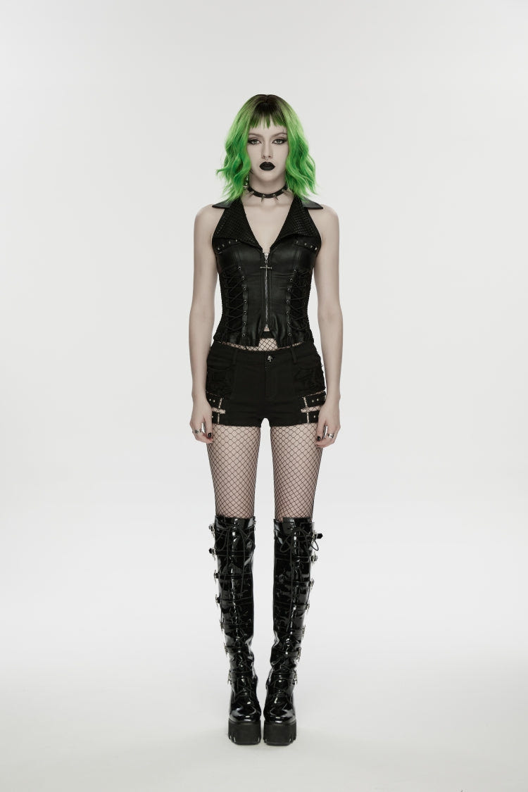 Black Lapel Collar Sleeveless Lace-Up Slim Fit Studded Women's Punk Cool Vest - Product - 2