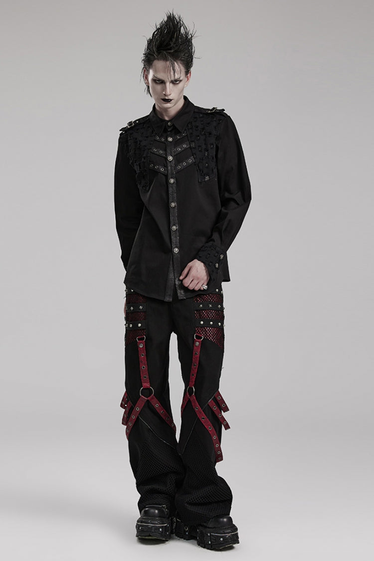 Cracked Leather Stitching Metal Rivet Decoration Mesh Men's Steampunk Pants 2 Colors - Product - 12