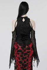 Black Off Shoulder Jacquard Hollow Stitching Lace Womens Gothic T-Shirt - Product - 3