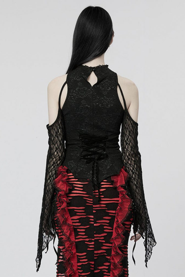 Black Off Shoulder Jacquard Hollow Stitching Lace Womens Gothic T-Shirt - Product - 3