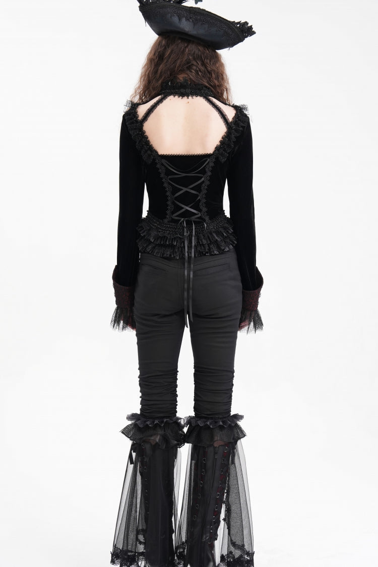 Black Long Sleeves Ruffle Lace-Up Mesh Women's Gothic Blouse - Product - 8