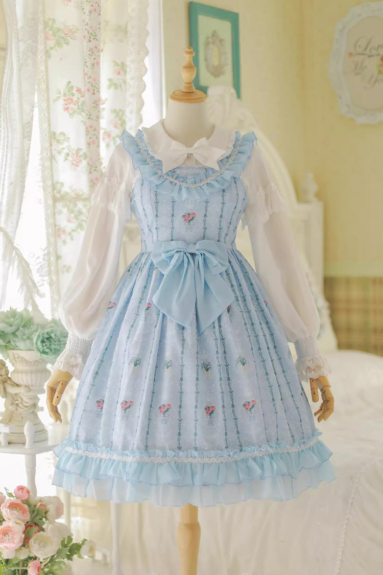 Flower Wall Print Ruffle Bowknot Sweet Lolita Dress 2 Colors - Blue - 6