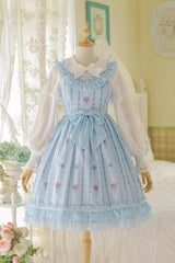 Flower Wall Print Ruffle Bowknot Sweet Lolita Dress 2 Colors - Blue - 6