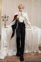Black/White [Oath Knight] Lapel Collar Long Sleeves Ruffled Embroidered Gothic Ouji Lolita Set - Product - 11