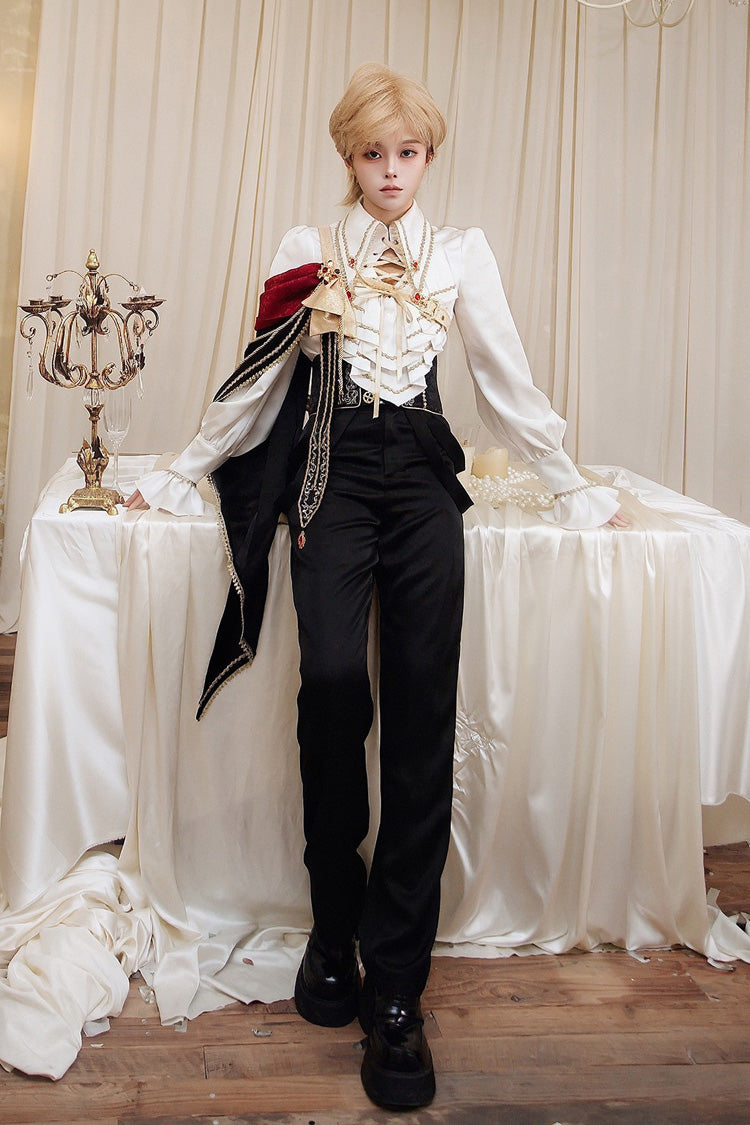 Black/White [Oath Knight] Lapel Collar Long Sleeves Ruffled Embroidered Gothic Ouji Lolita Set - Product - 11