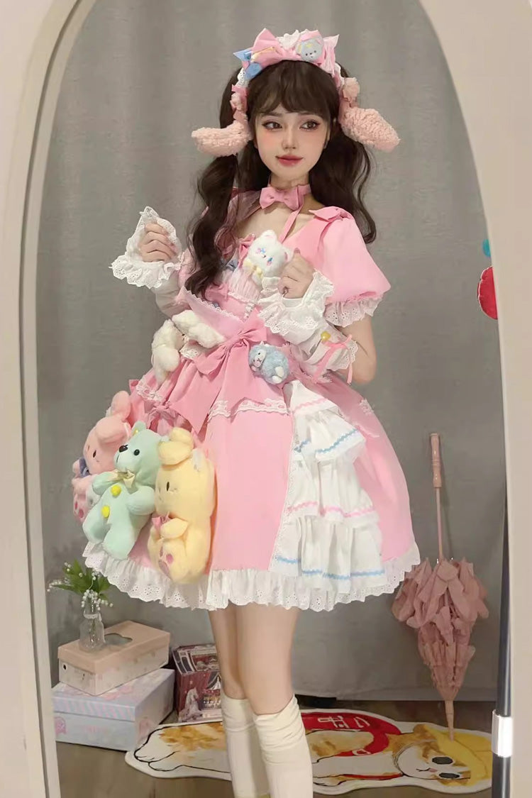 Pink Square Collar Print Doll Party Detachable Sleeves Ruffle Bowknot Sweet Princess Lolita Dress - Product - 4