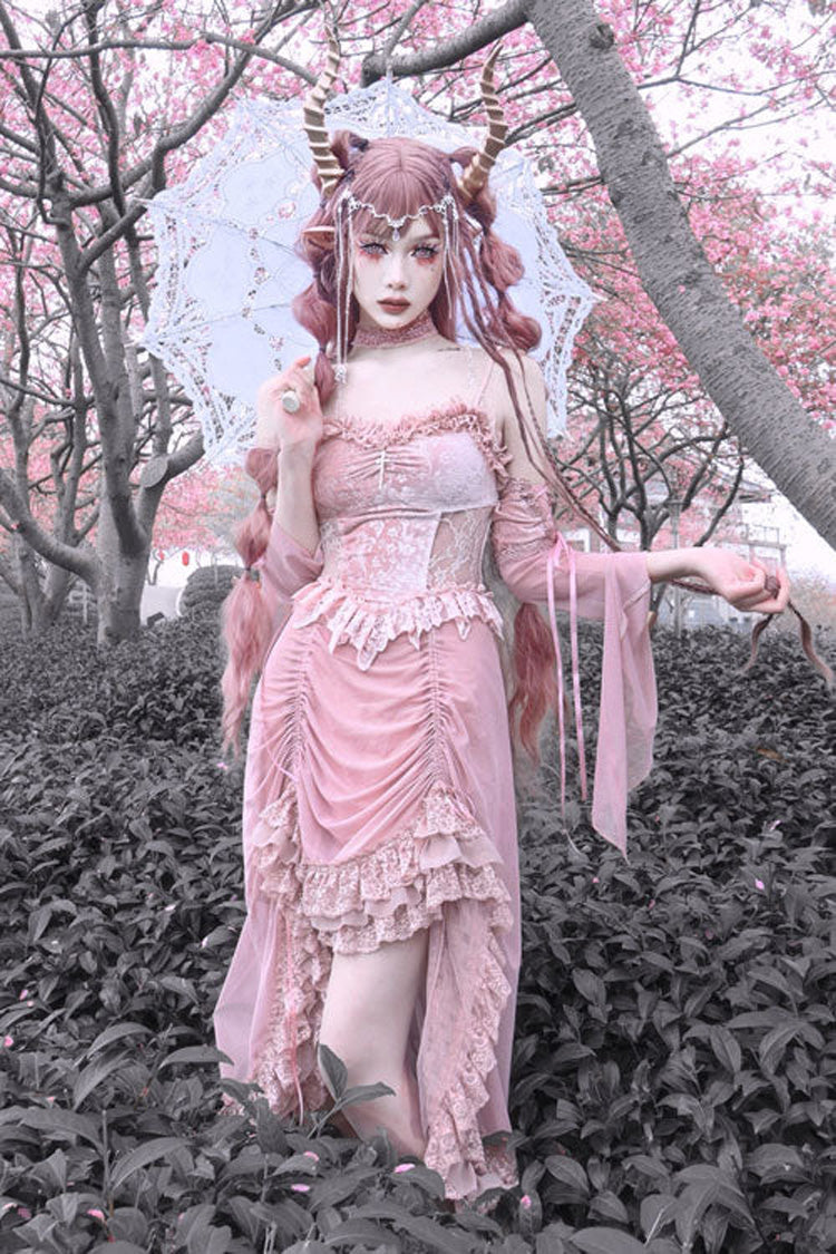 Pink Cherry Nightmare V Collar High Waisted Gothic Lolita JSK Dress - Product - 4