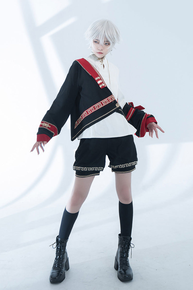 [Cangzhu] Stand Collar Long Sleeves Embroidered Asymmetric Classic Chinese Inspired Vintage Ouji Lolita Shorts Set - Product - 9