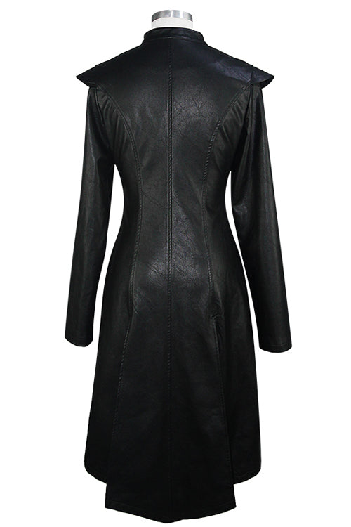 Black waisted short front and long back bare breast leather long womens Punk coat - Product - 6