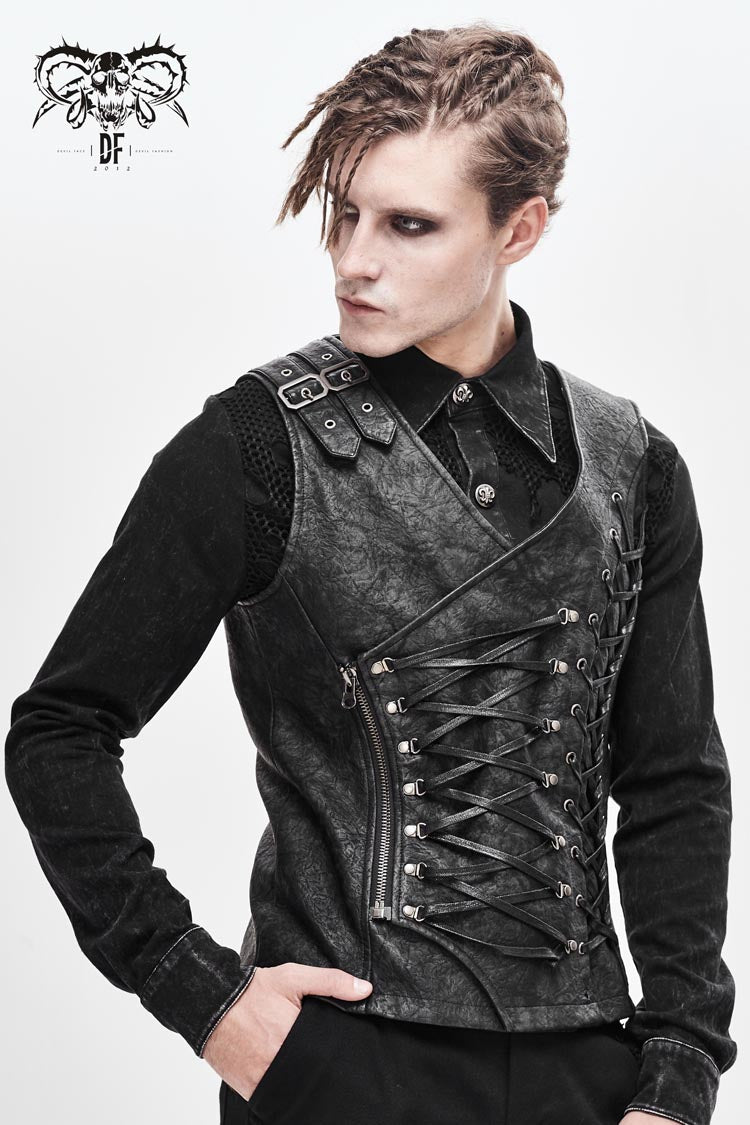 Gray V Neck Fog Flower Shoulder Loop Chest Lace Up Men's Punk Waistcoat - Product - 2