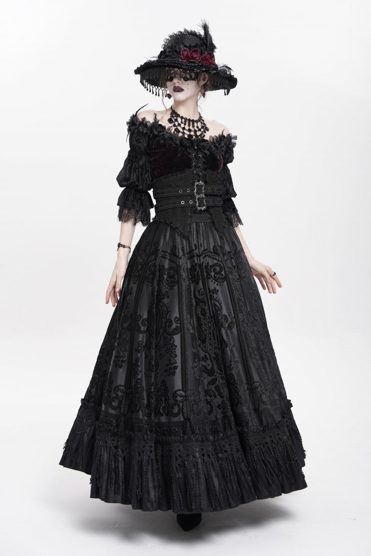 Black Jacquard Embroidery Buckle Tassels Women's Gothic Long Skirt - Product - 10