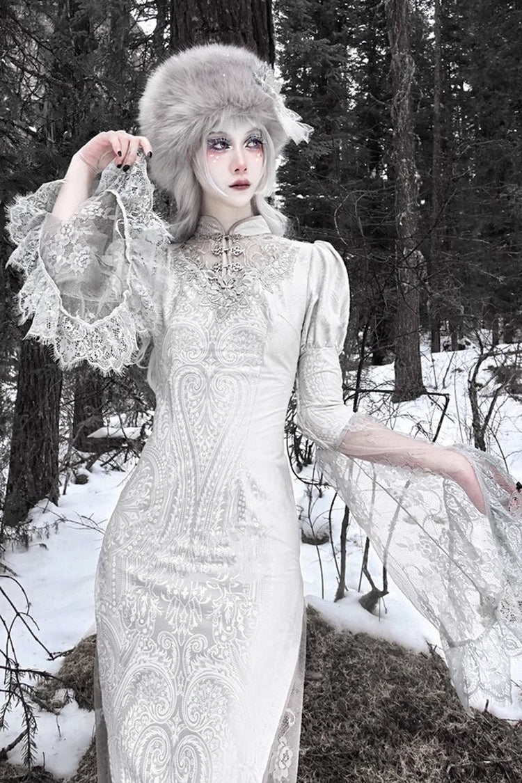 Silver [The Call of the Snow Country] V Collar Long Sleeves High Waisted Ruffle Lace Gothic Lolita Fishtail Dress - Product - 7